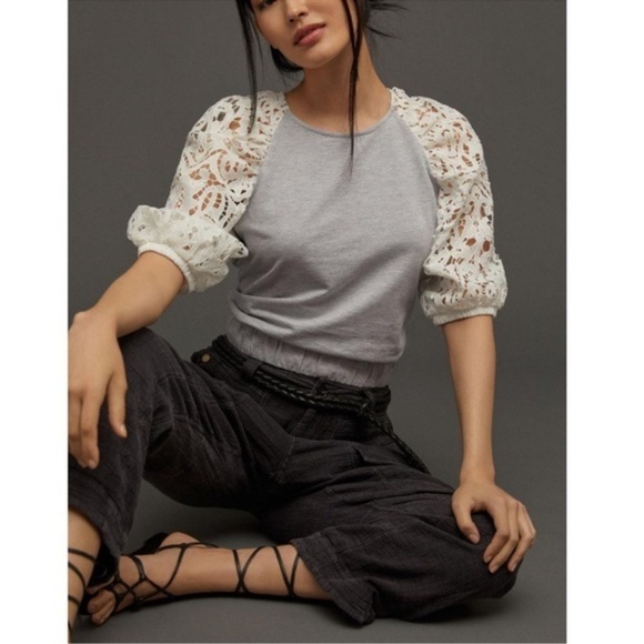Anthropologie Tops - Anthropologie Dolan Lace Sleeve Sweatshirt Gray White - Medium minimalist D8